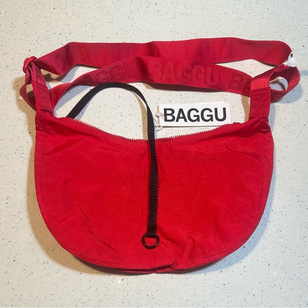 NWT BAGGU Medium Nylon Crescent Bag / discontinued Candy Red Bag & Red Strap